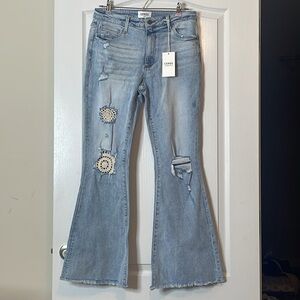 Ceros Bohemian Crochet Mid Rise Flare Jeans Size 31